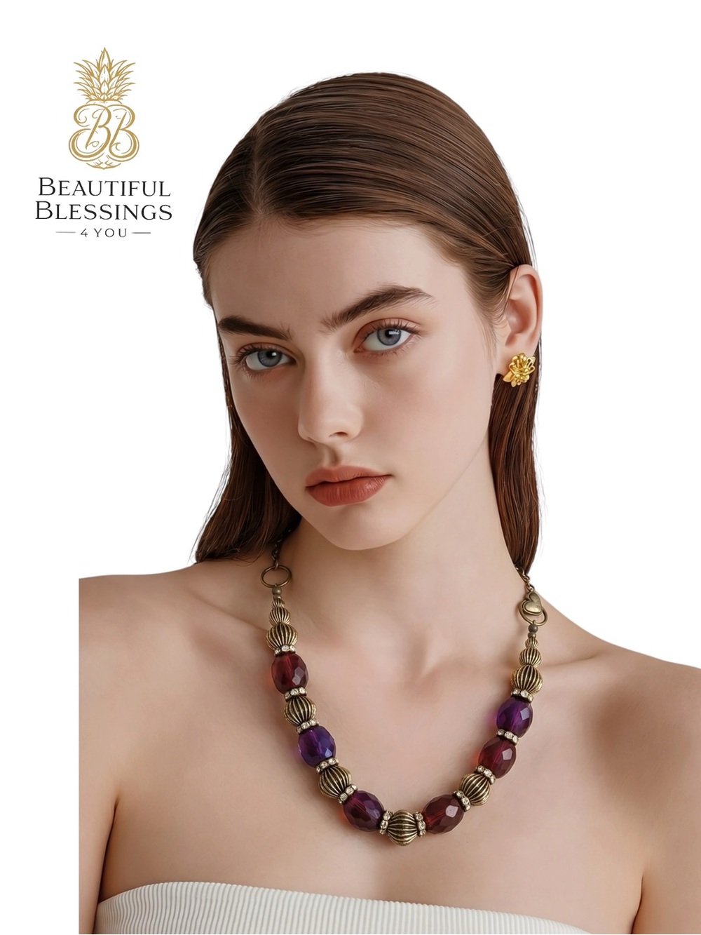 Boho Chunky Statement Necklace Purple Gold Vintage Inspired Western